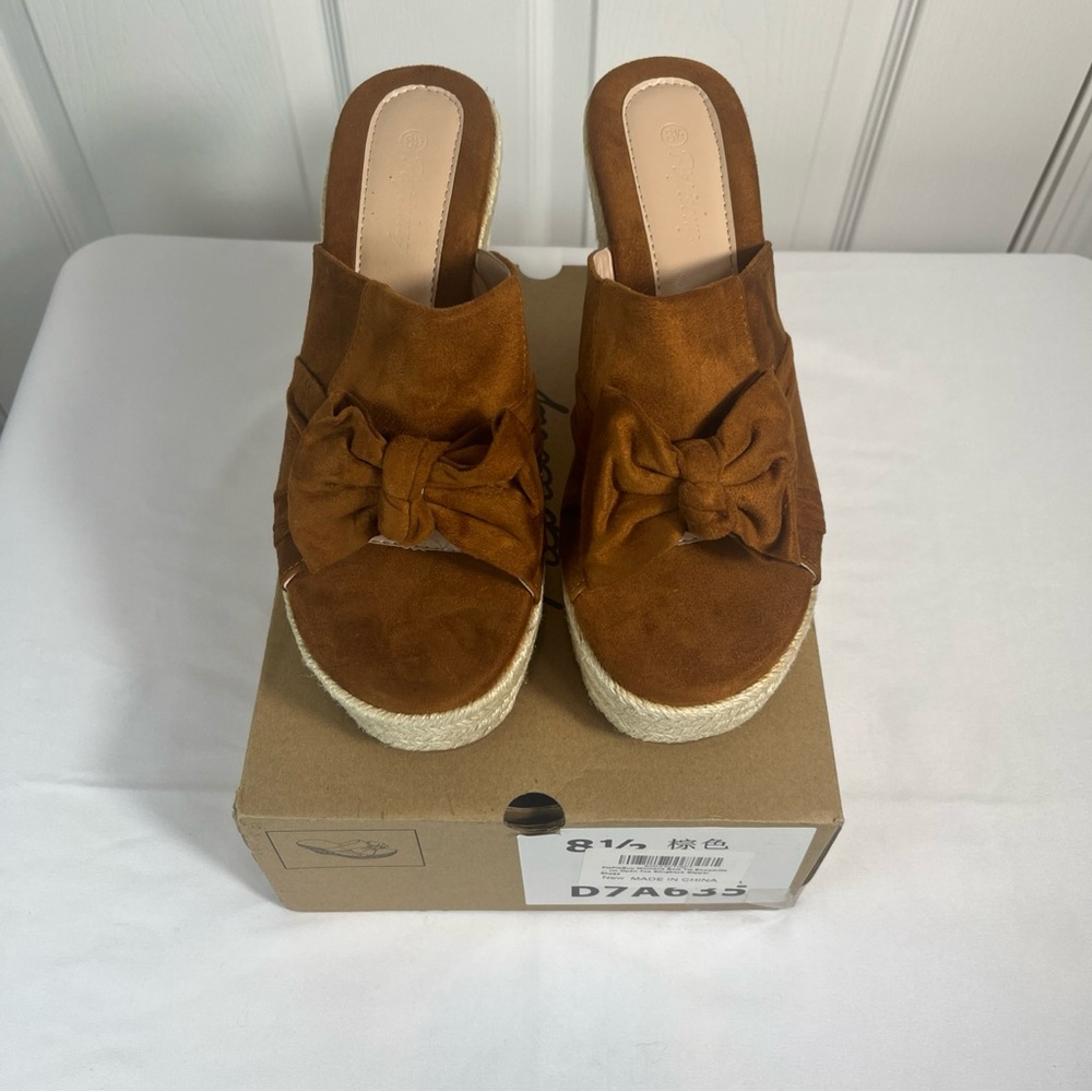 Brown Platform Espadrilles Slip On Wedge Sandals Bow Tie Womens 8.5 New